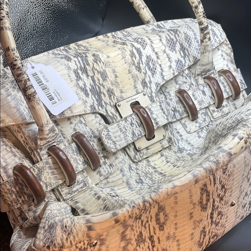 Salvatore Ferragamo Python-Print Handbag with Wood Ring Handles - Picture 1 of 16